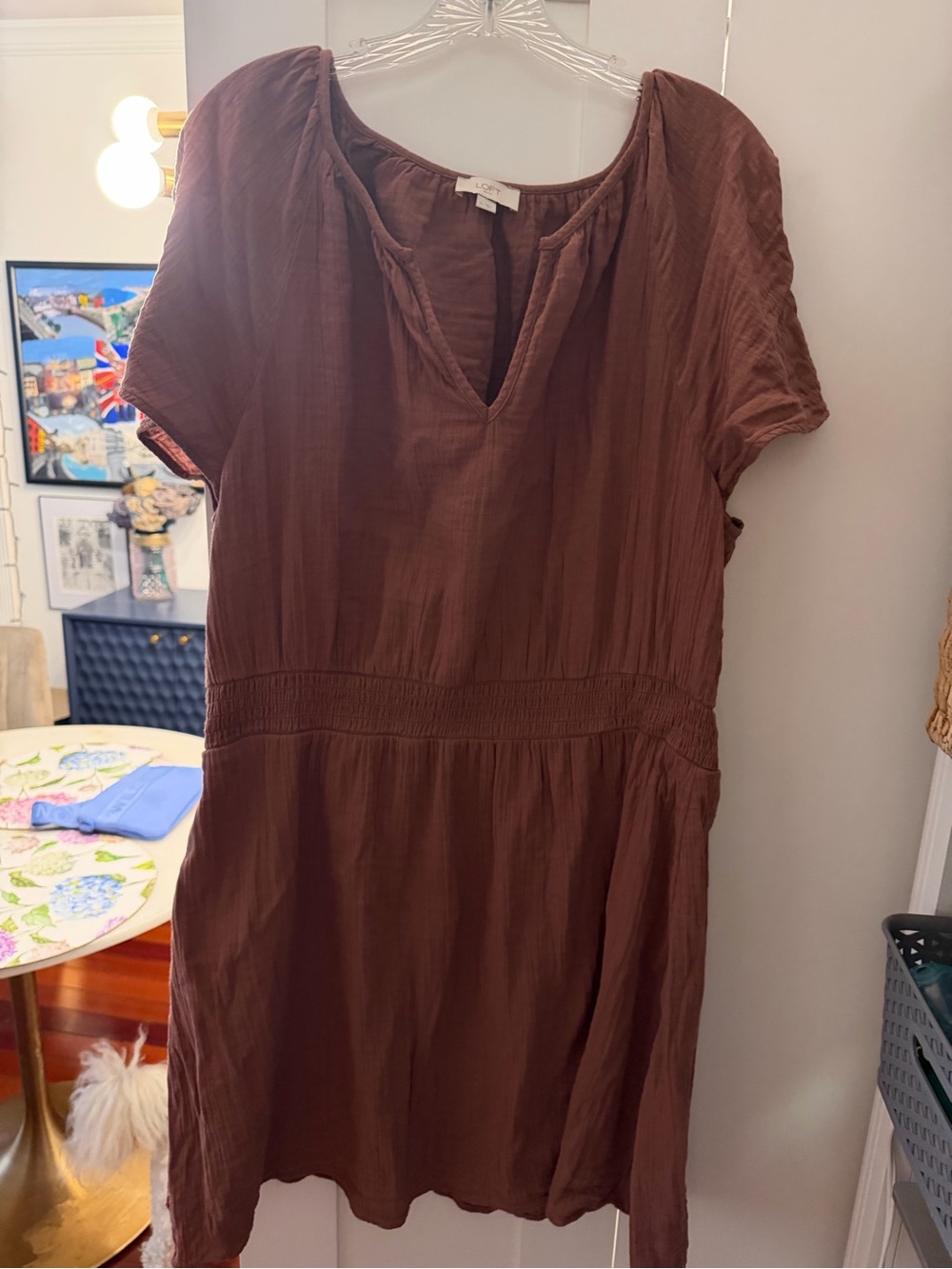 LOFT Brown Short Sleeve V-Neck Mini Dress